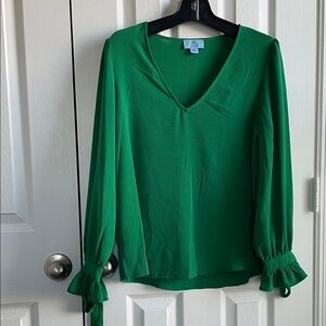 CeCe Emerald Green V-Neck Blouse with Ruffle Sleeves